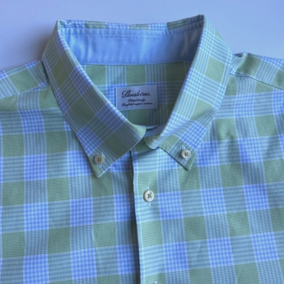 Stenstroms fitted body green & blue checkered 2 fold cotton shirt Sz 19/ 48 - Picture 3 of 10